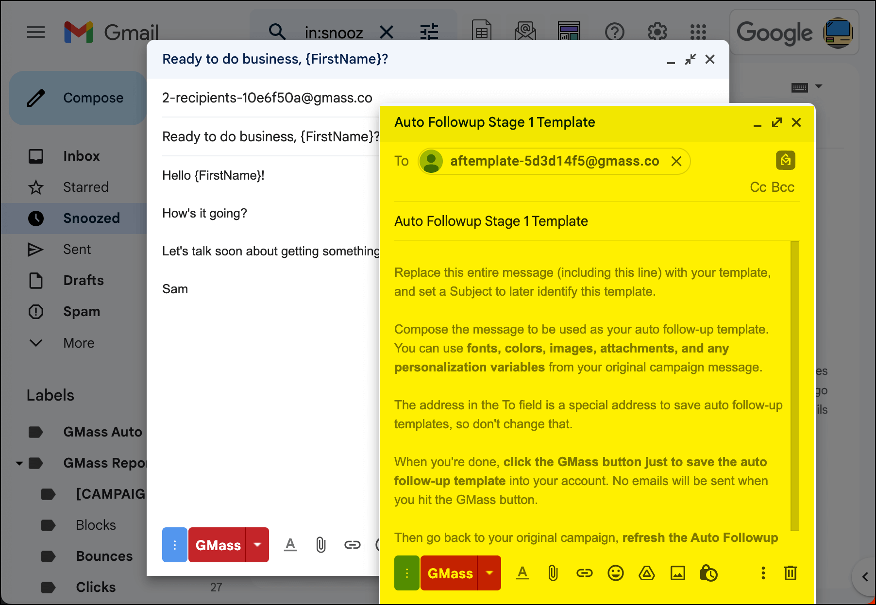 Compose window for the follow up
