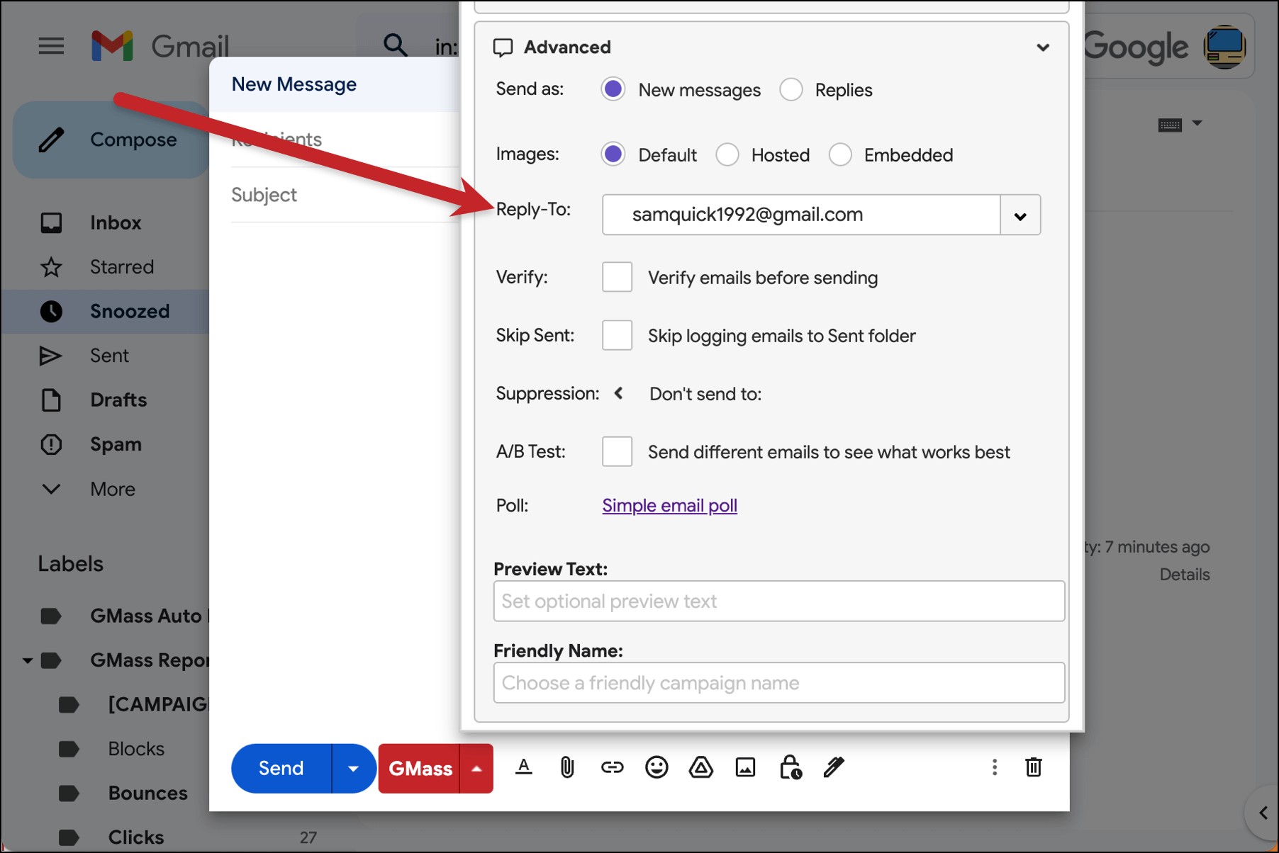 Reply To in the GMass settings