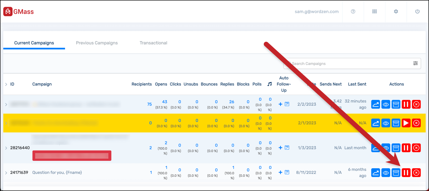 Pausing an auto follow-up campaign from the dashboard