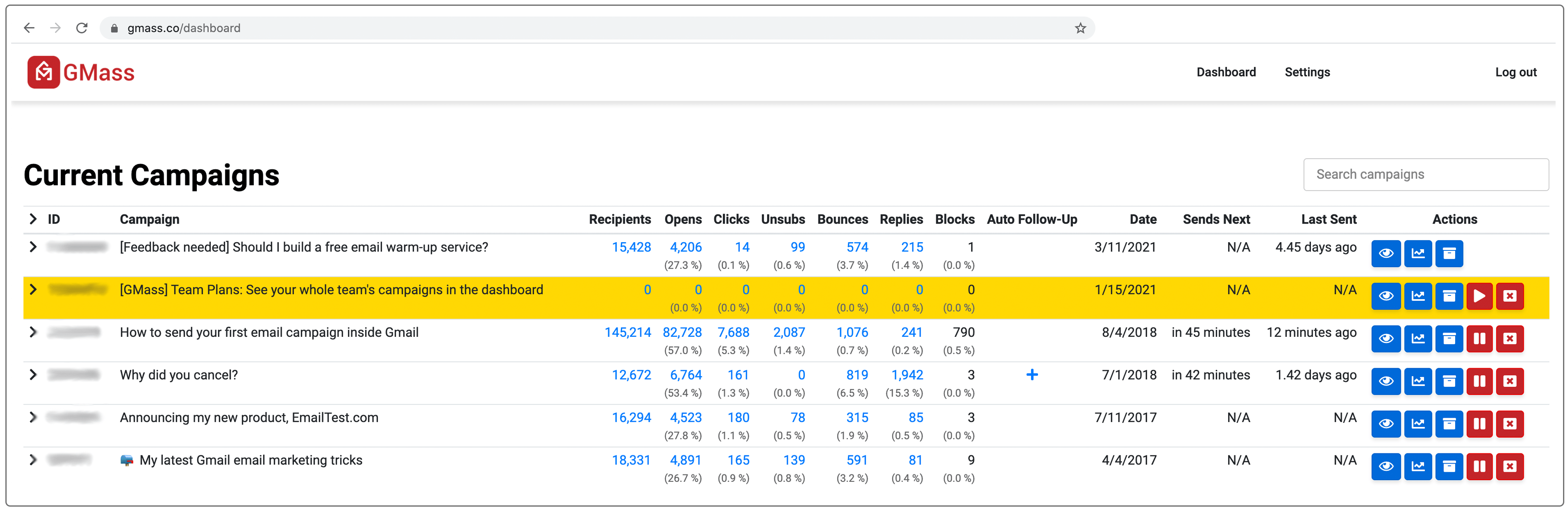 GMass dashboard