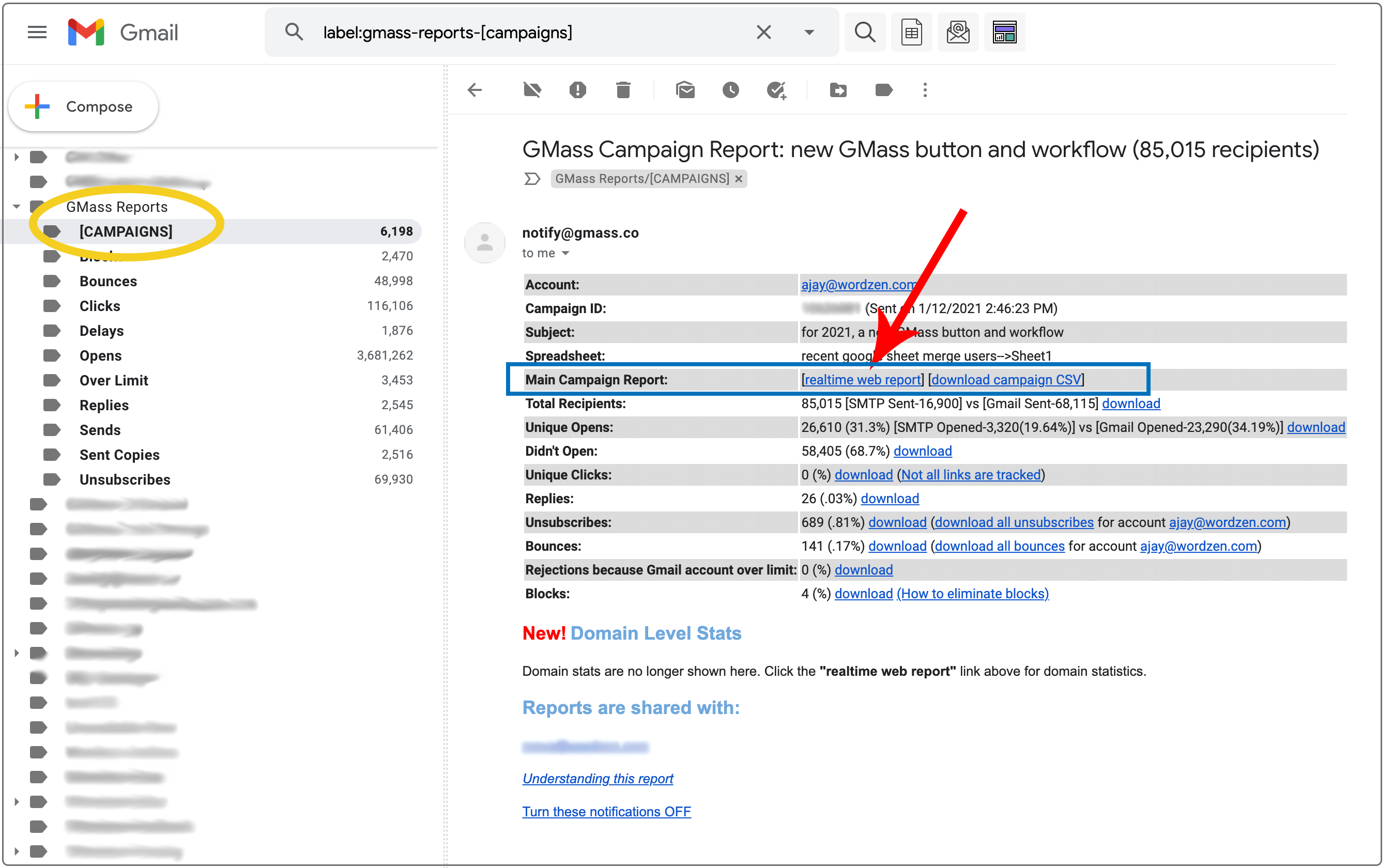 campaign report link in gmail
