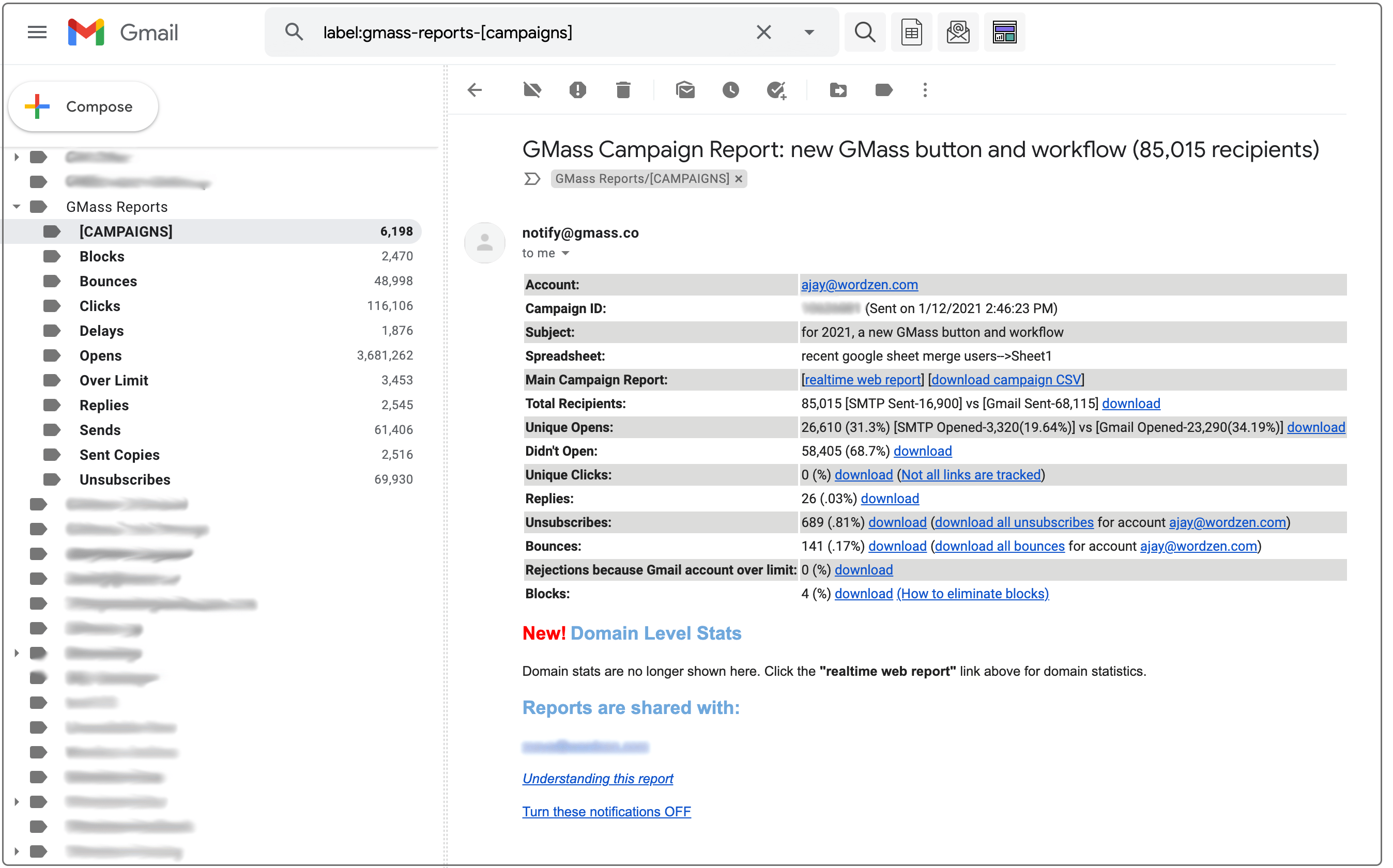 my campaign report in gmail