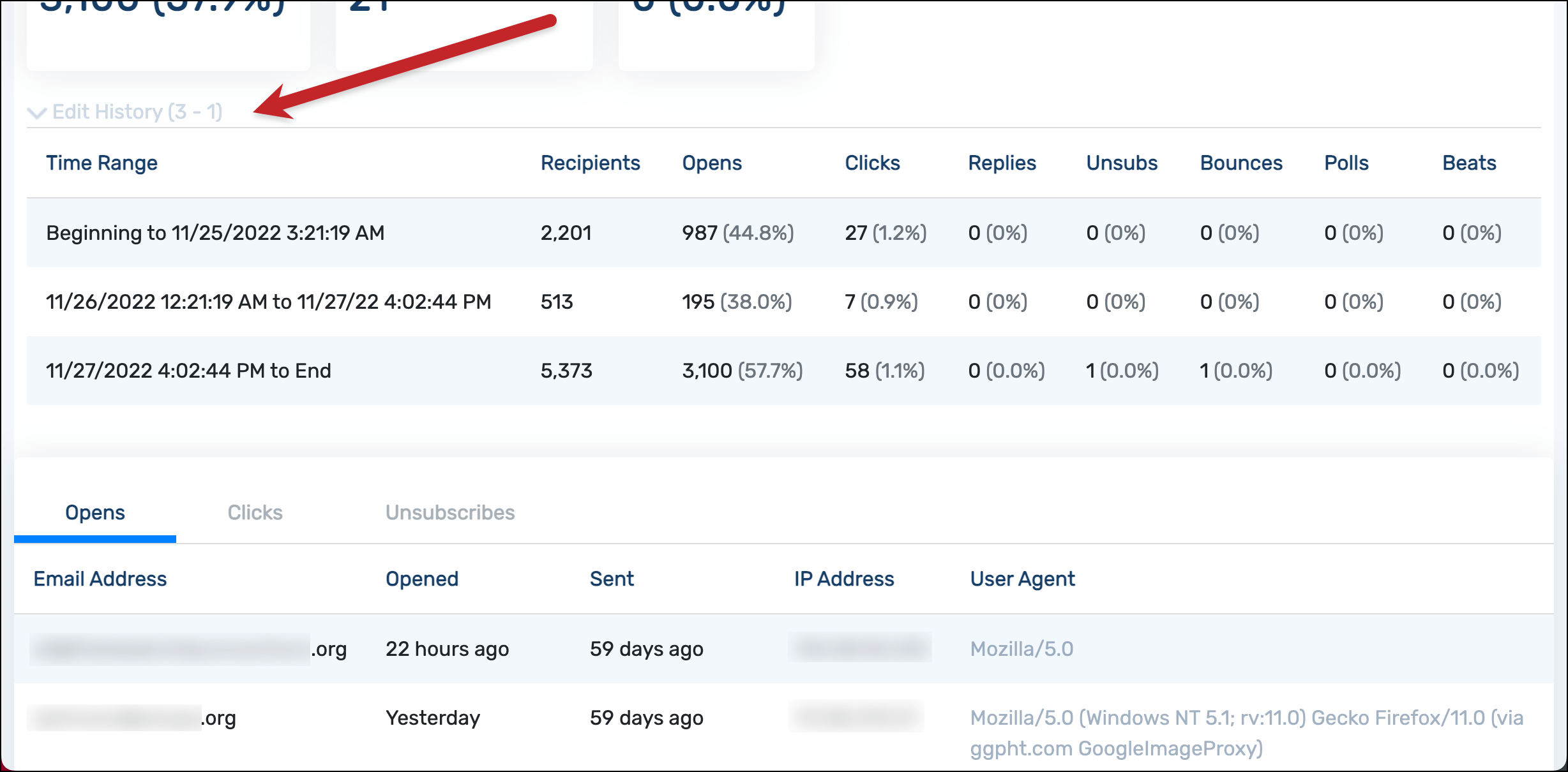 Edit history of email campaign