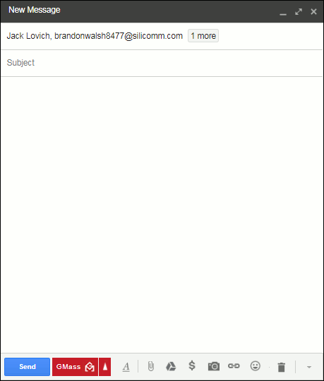 A new Gmail compose window, with email addresses from our spreadsheet.