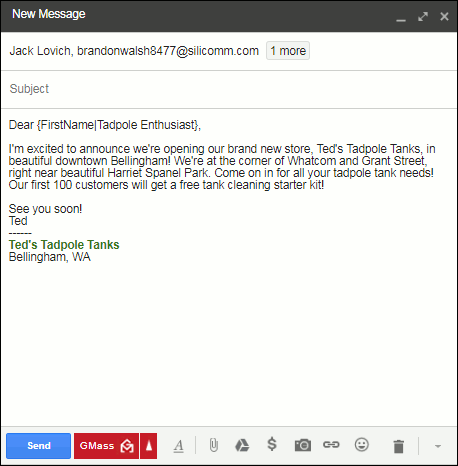 The Gmail compose window, showing an email written and ready to be sent out.