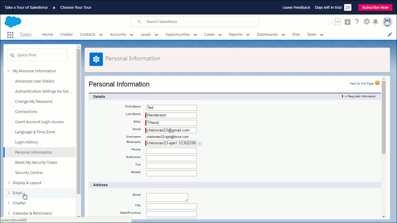 Showing user about to click Email menu option from side menu in User Settings.