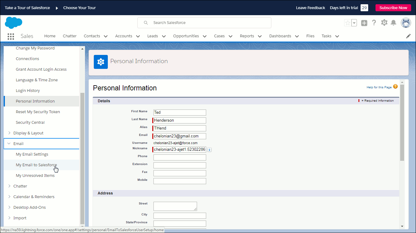 About to click My Email to Salesforce.