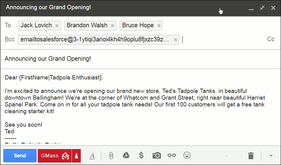 Gmail compose window with email ready to go out, including BCC to My Email to Salesforce address.
