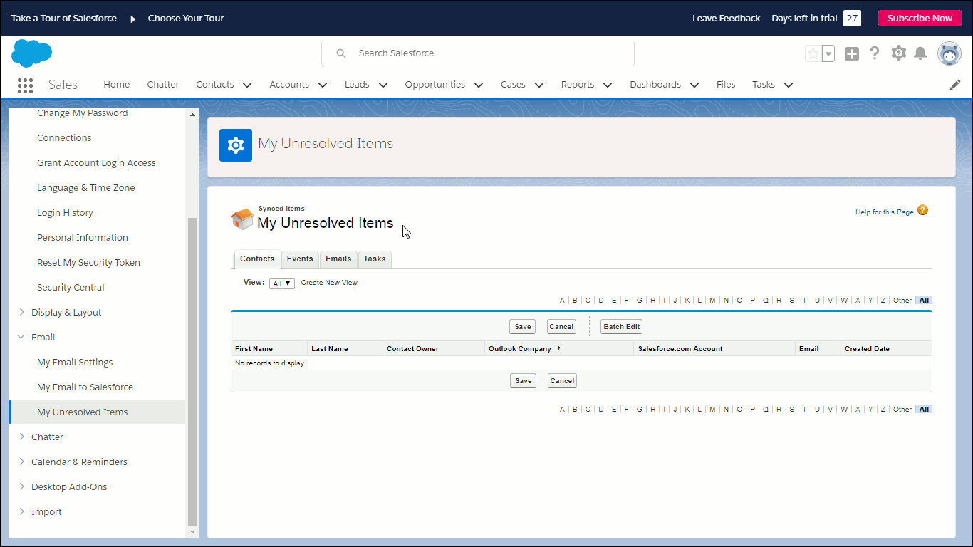 Showing The Salesforce "My Unresolved Items" page, under Settings.