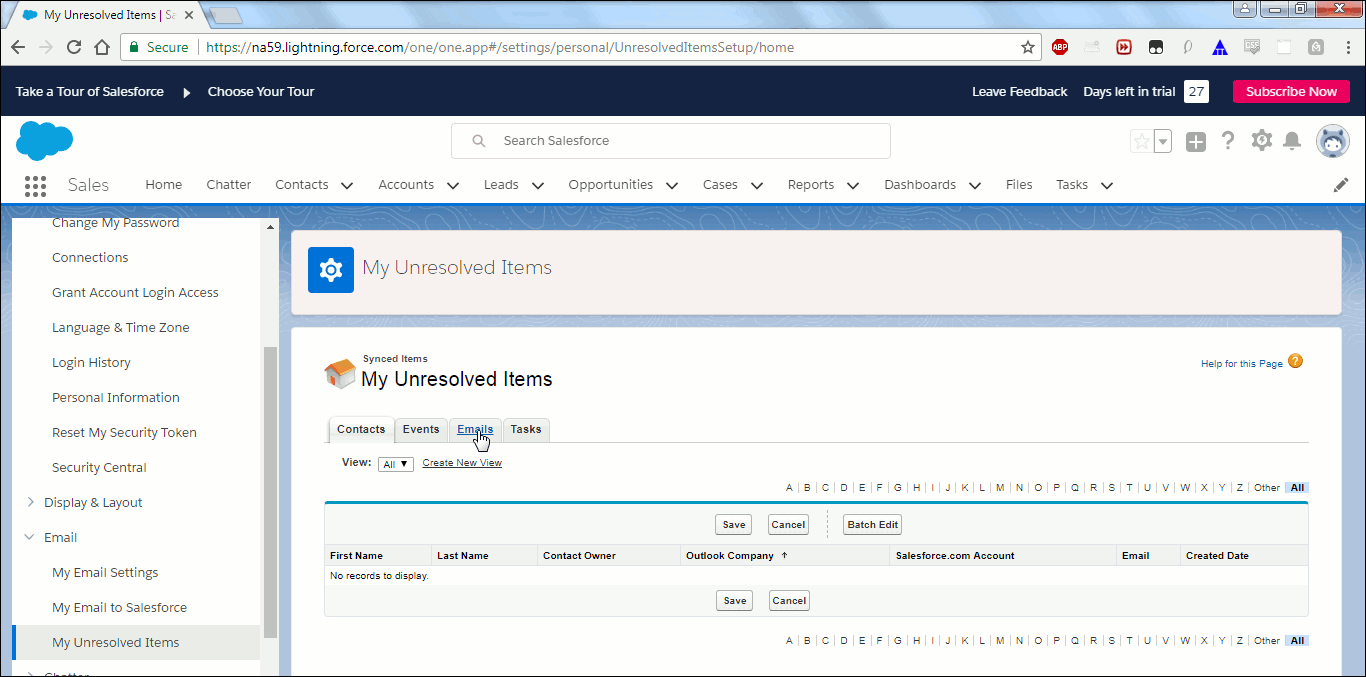 About to click Emails tab in the My Unresolved Items page.