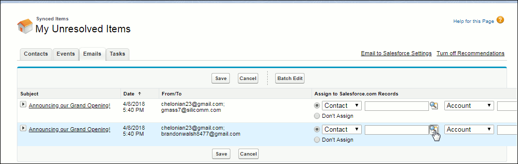 ABout to click magnifying glass button in My Unresolved Items > Emails page.