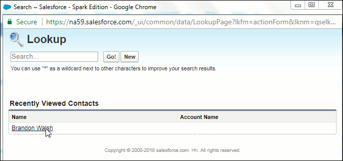 About to click Contact name in the Lookup window.