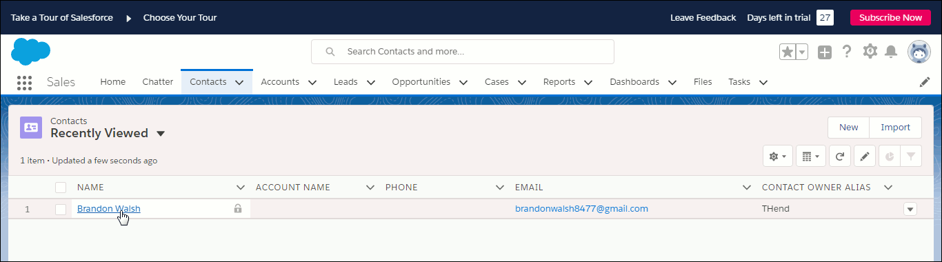 Showing about to click Brandon Walsh link within Contacts.
