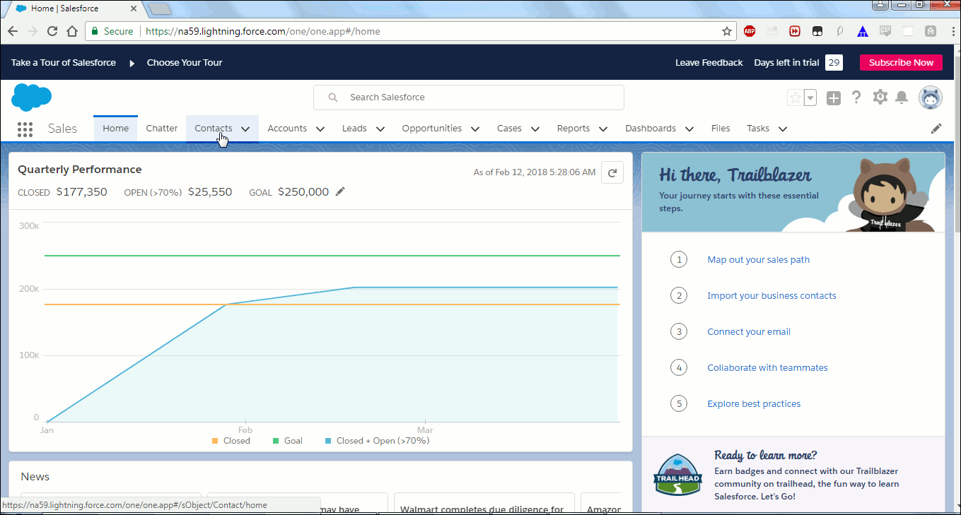 Salesforce main page, showing clicking on Contacts.