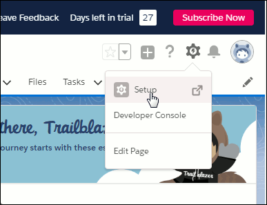 Shows clicking on Setup from within the small dropdown menu.