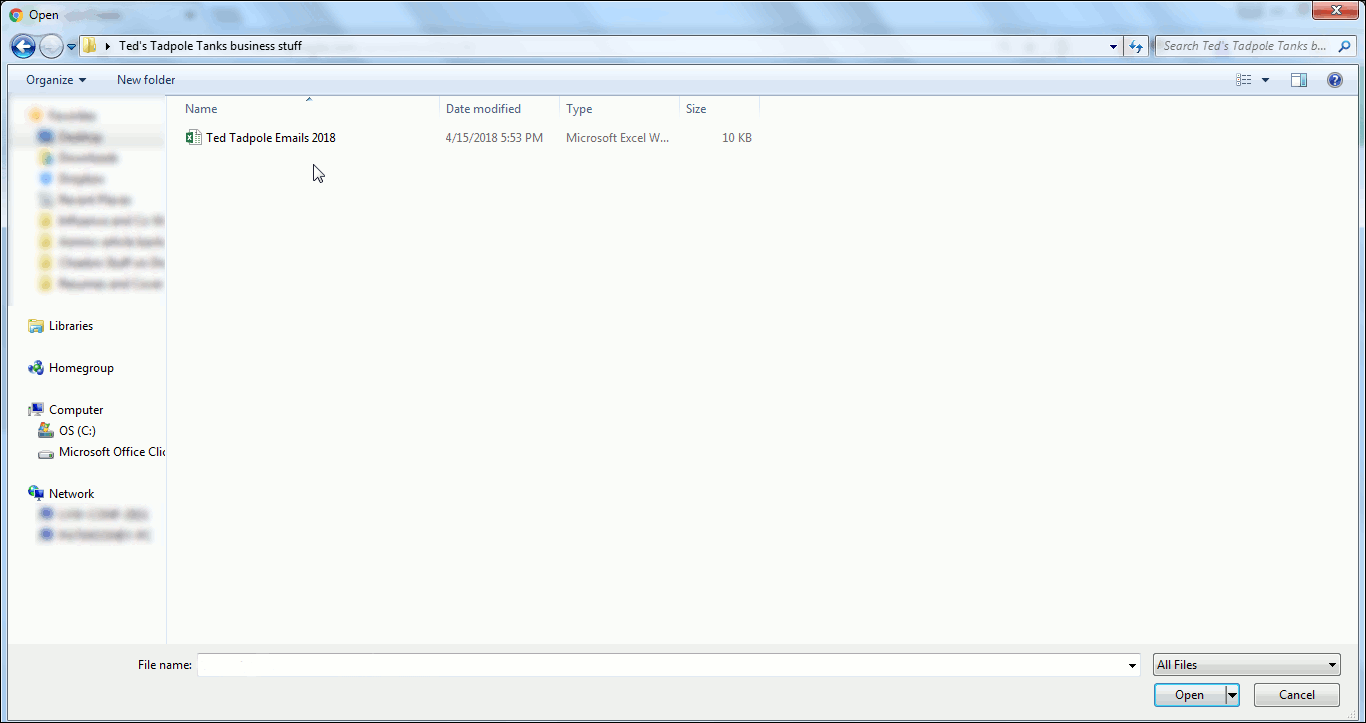 Showing desktop File Manager, about to select an Excel file to upload to Google Sheets.