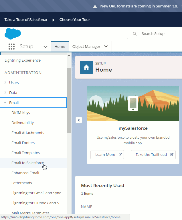 Side menu of Setup page shown with Email option clicked to reveal a dropdown menu.