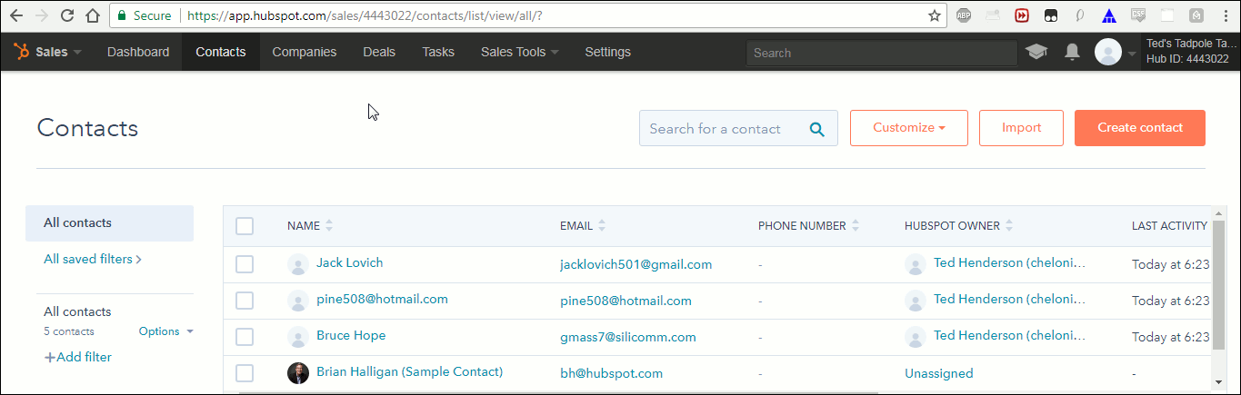 The HubSpot Contacts page is shown with the three new email addresses logged as contacts.