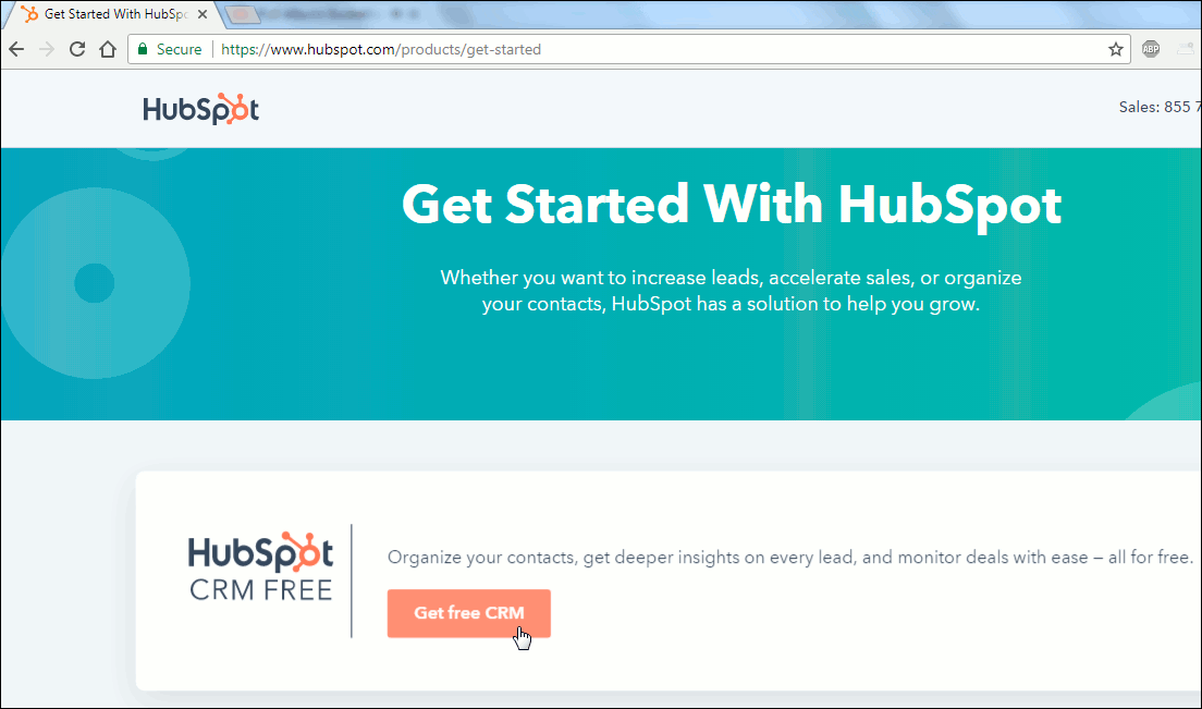 Shows HubSpot sign up page.