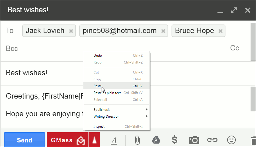 Gmail compose window shown with user about the paste the content of the clipboard, which is the HubSpot BCC address.
