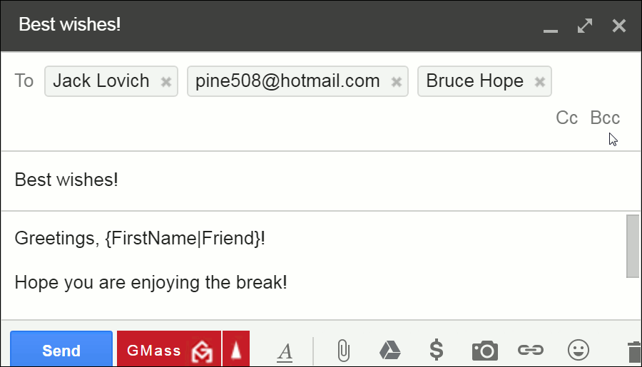 The Gmail Compose window is shown with cursor indicating CC and BCC options are now available.