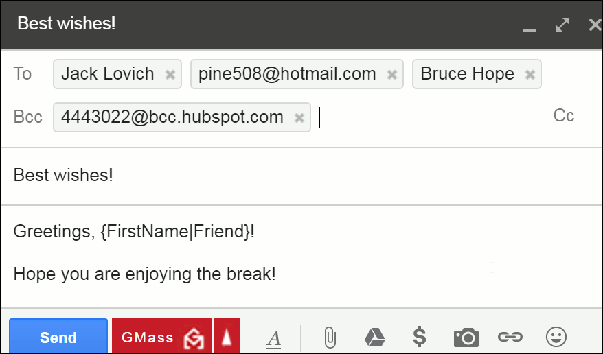 Shows the Gmail compose window with the HubSpot BCC address now pasted into Gmail.