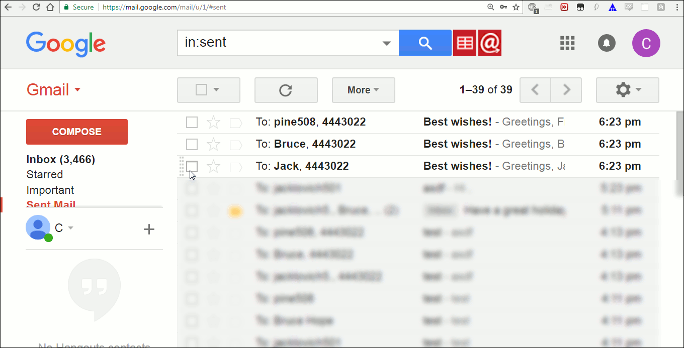 Gmail Sent folder showing three new emails sent, each with a recipient and a BCC to HubSpot.