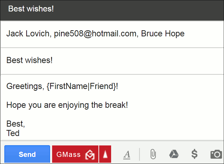 Shows the Gmail Compose window and an email written and ready to be sent.