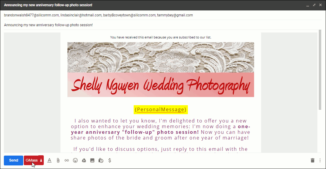 Gmail Compose Window now that Shelly has added {PersonalMessage} text.