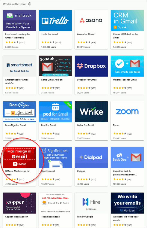 GMass at the #13 position of 60 apps in the Gmail Add-on store.