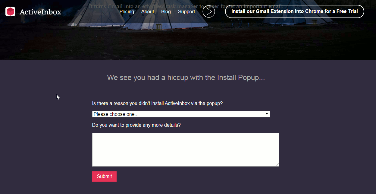 The ActiveInbox page changes to ask why the user hasn't installed via the Chrome Web Store.