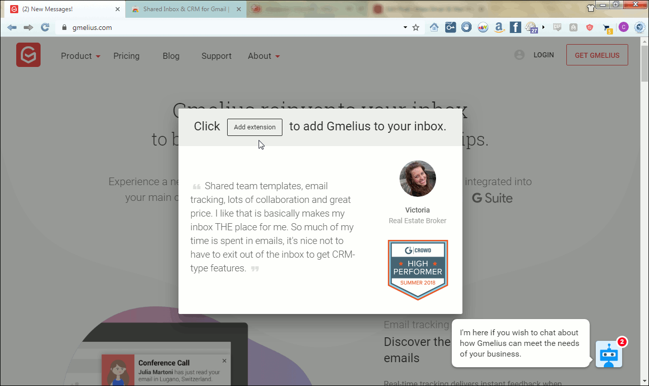 Gmelius website now has an instruction to click "Add extension"--but there is no such button.