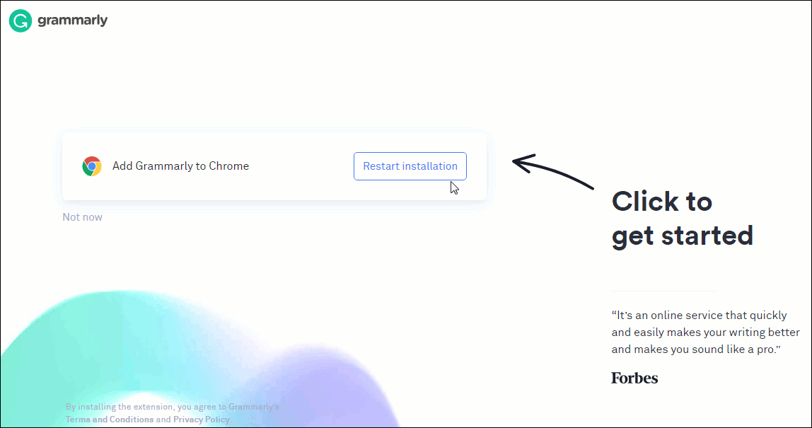 Grammarly page changed to direct user back to Chrome Store to install.