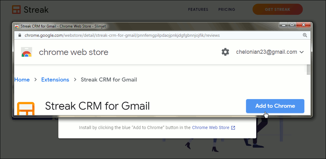 Streak pops up a window zoomed to show the "Add to Chrome" button.
