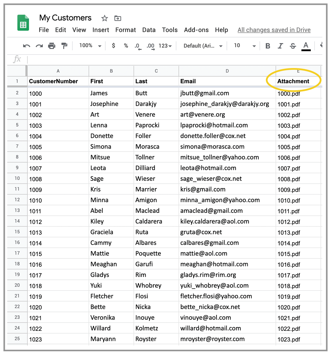 personalized attachment spreadsheet