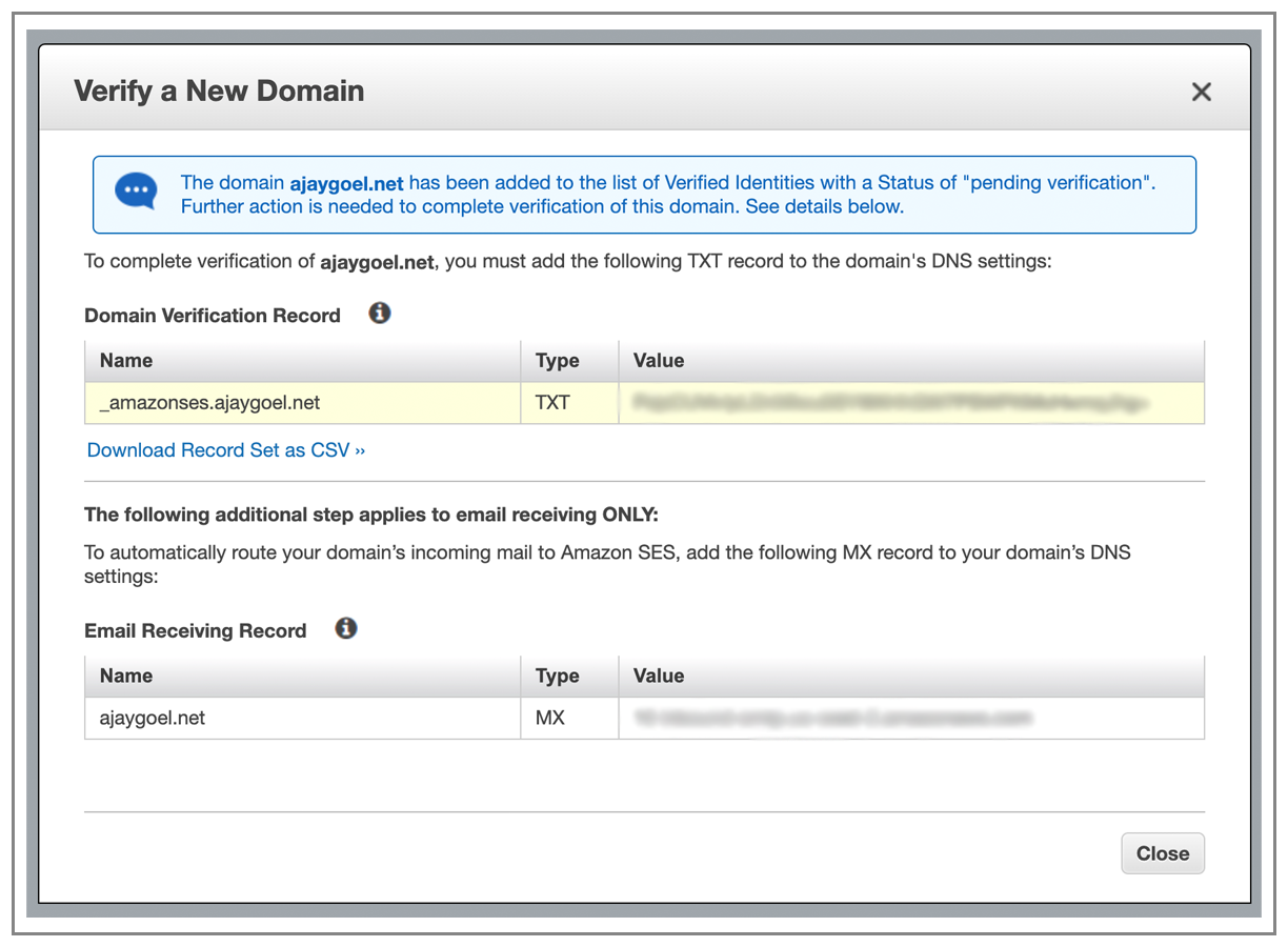 Amazon SES verify new domain
