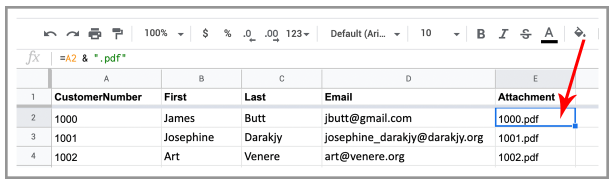 personalized attachment from spreadsheet formula