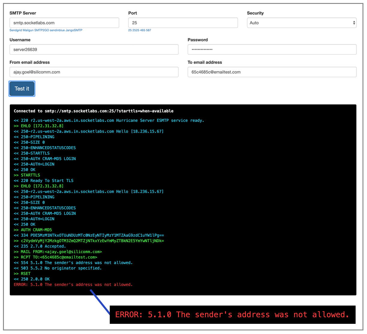 SocketLabs sender address error message