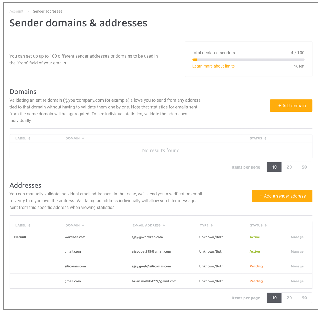 Mailjet verify multiple senders