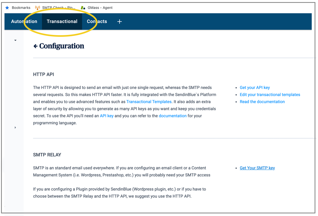 Sendinblue transactional page