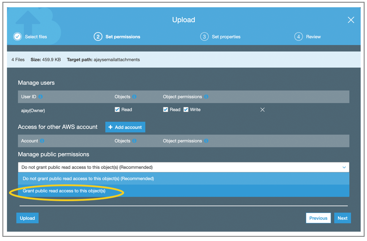 Grant public read access to object in Amazon S3