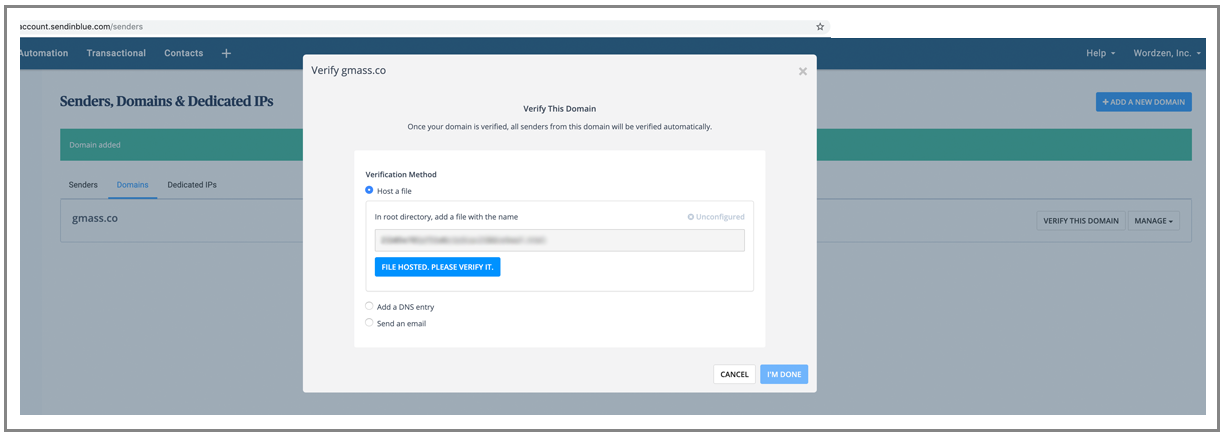 Sendinblue verify domain