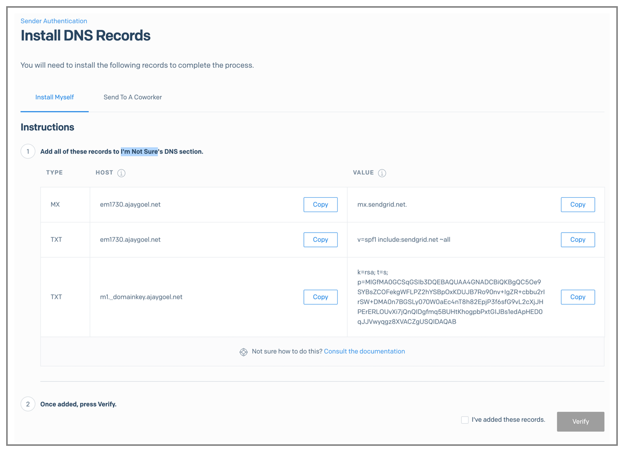 SendGrid DNS records