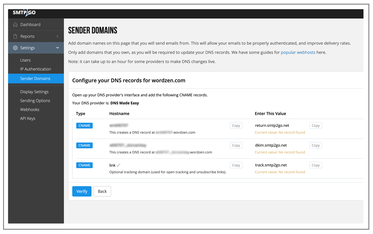 SMTP2GO add sender domain