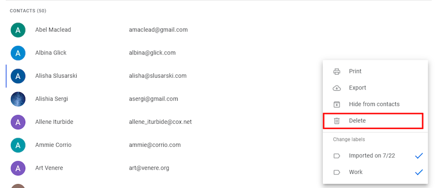 Google Contacts interface showing the delete option for an individual contact