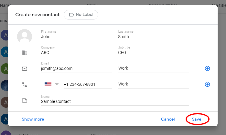 Google Contacts interface showing the Save icon for a new contact