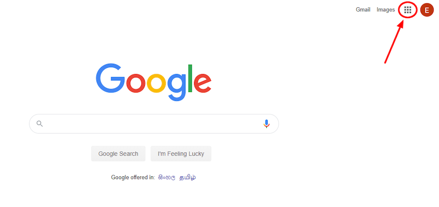 Google homepage showing the Google Apps icon