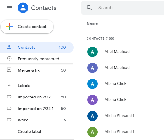Google Contacts interface showing the Contact list
