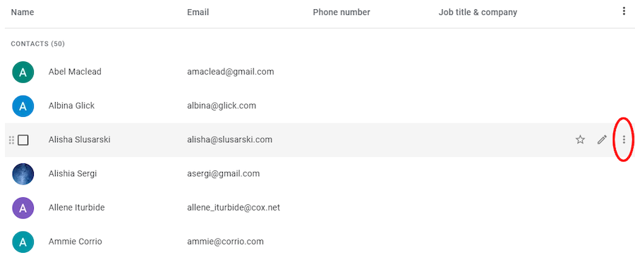 Google Contacts interface showing the three dots icon for a contact