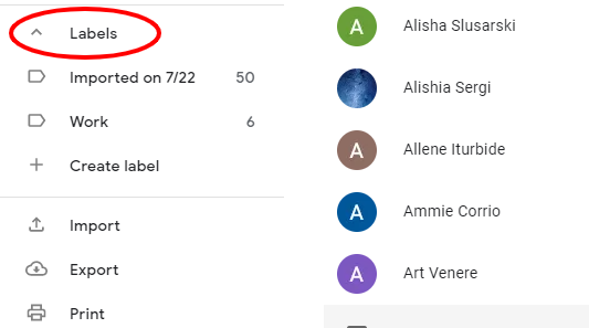 Google Contacts interface showing the Labels tab